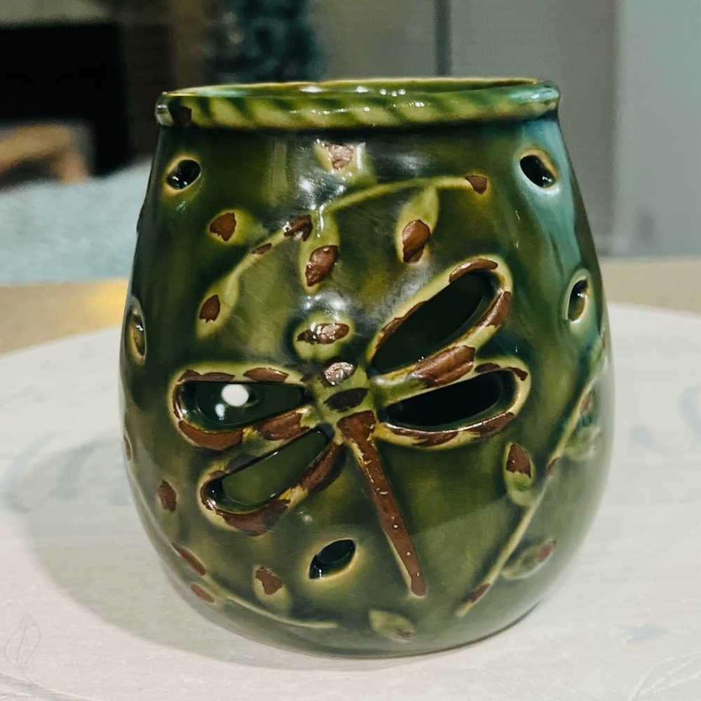 Vintage Green Ceramic Dragonfly Motif Pot Candle Holder